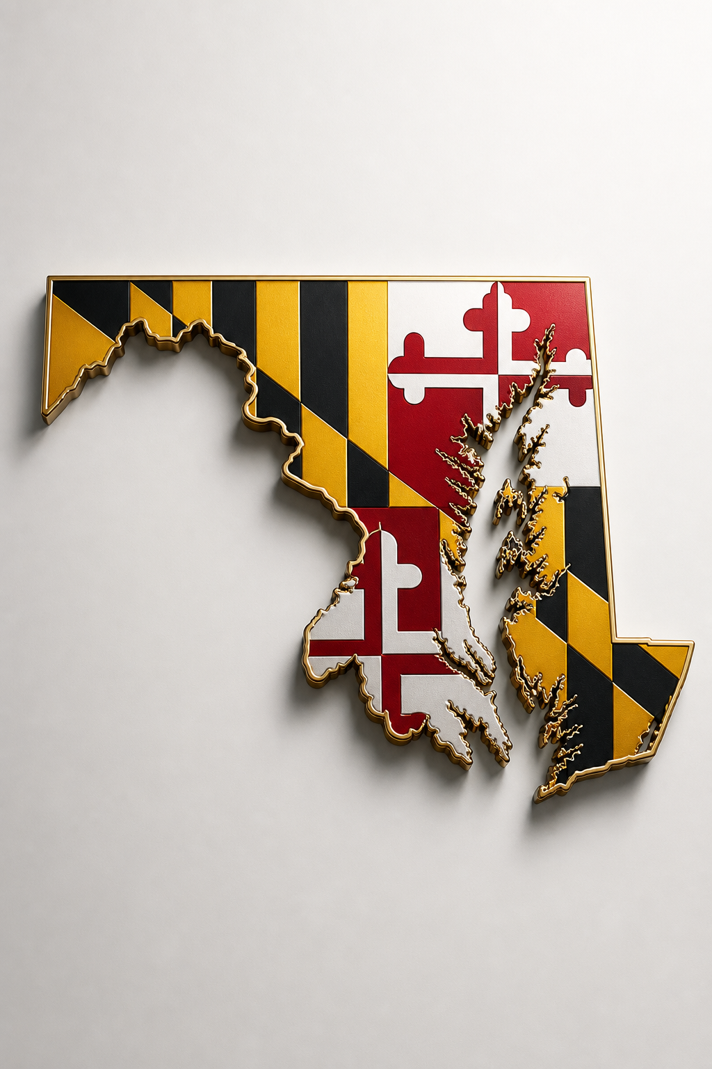 Premium Maryland silhouette centerpiece with vivid Maryland flag-inspired inlay, rich red, gold, black, and white heraldic geometry, polished dimensional shading, and clean editorial lighting for a high-trust local locksmith service visual
