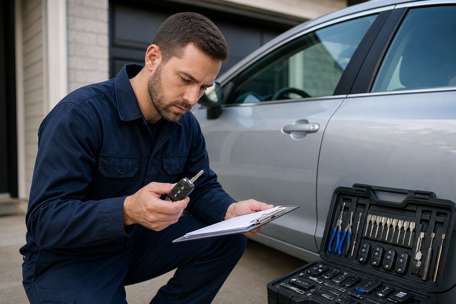 Professional locksmith technician reviewing a vehicle key and service checklist on a clipboard beside a car