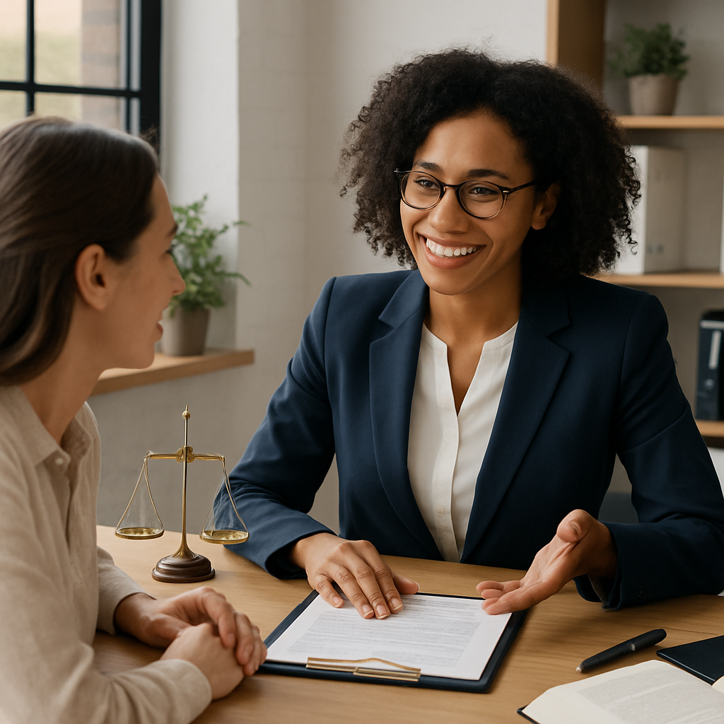 A woman receiving legal assistance with supportive professionals