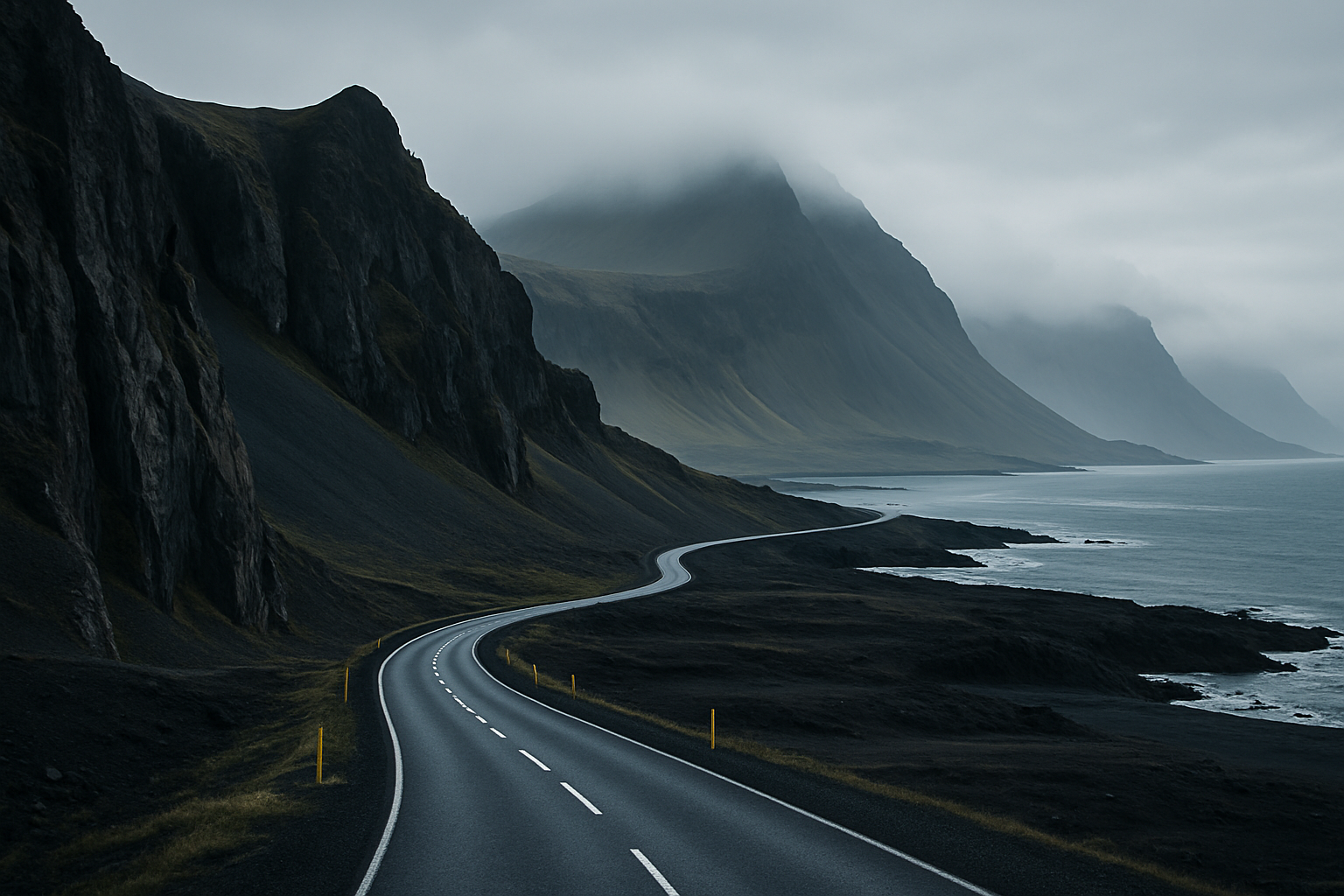 Misty Icelandic coastal road with dramatic mountains and a calm luxury travel mood