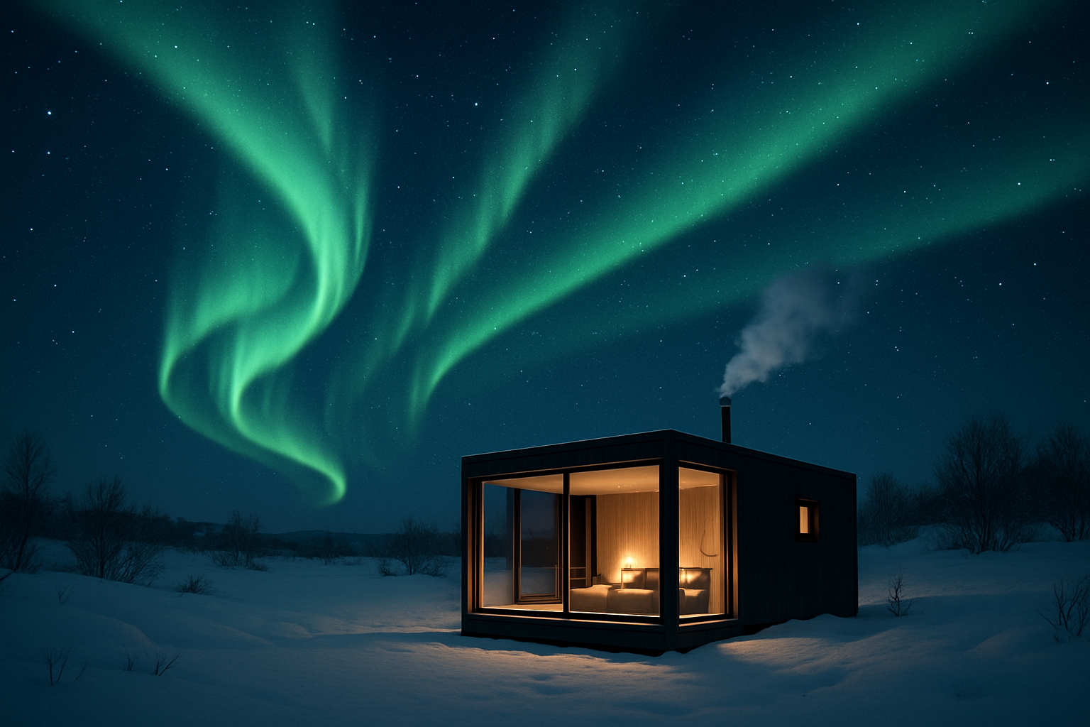 Calm winter night with northern lights above a cozy retreat in snowy terrain
