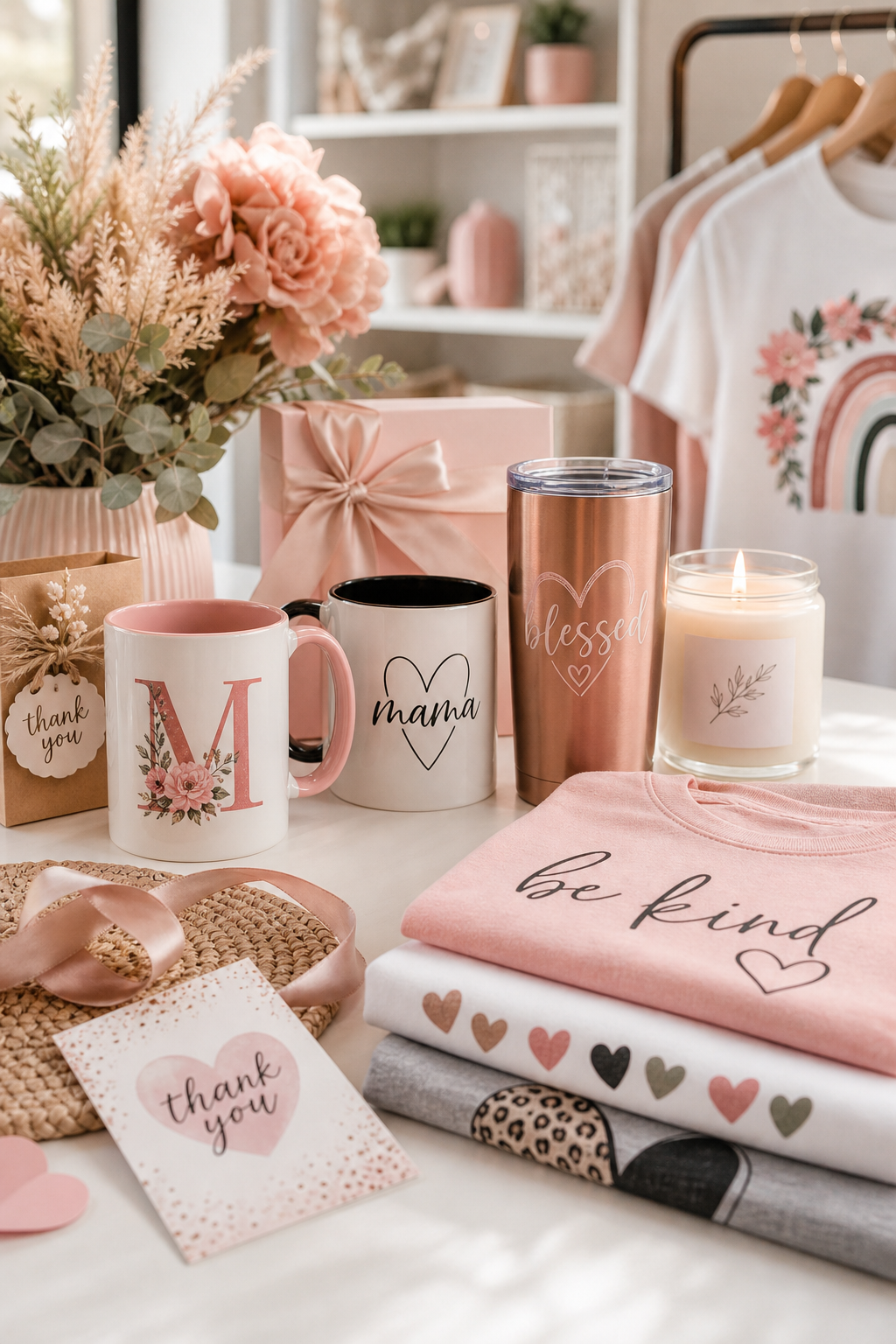 Warm boutique workspace with personalized gifts, custom drinkware, folded apparel, and feminine styled decor
