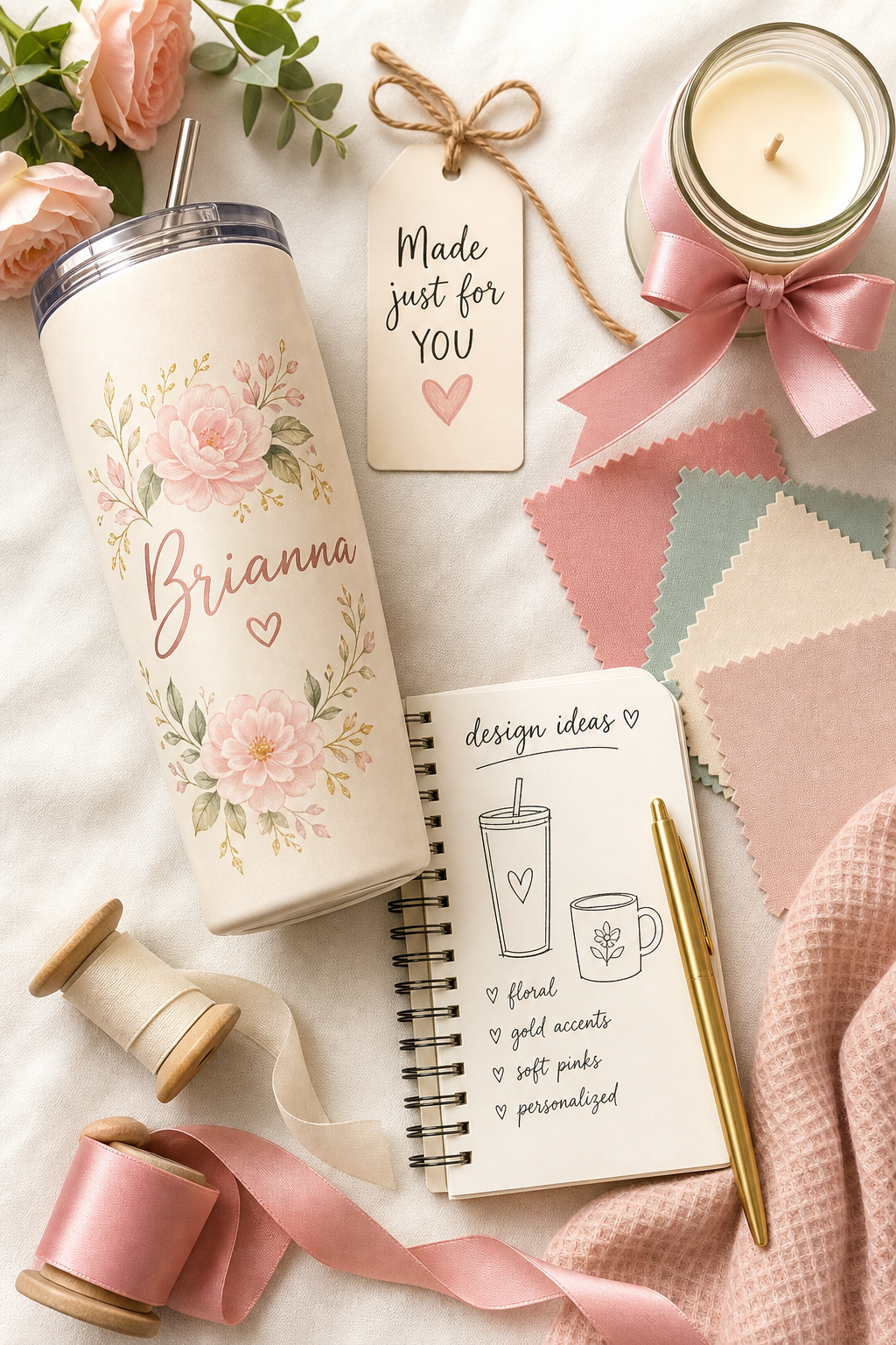 Boutique custom creation flat lay with design notes, personalized drinkware, gift tags, and soft fabric textures