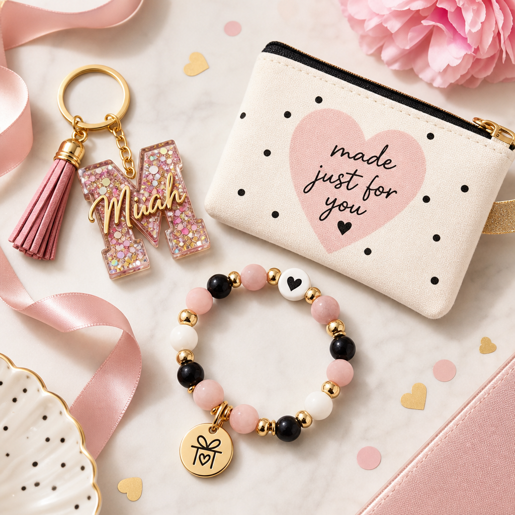 Assorted custom accessories arranged in a trendy flat lay composition