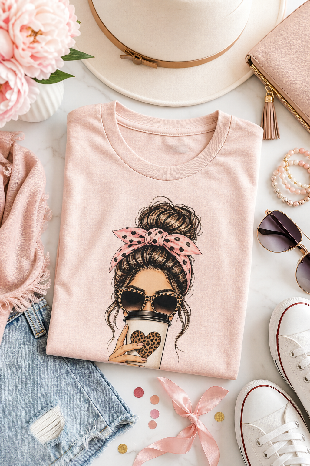 Styled custom t-shirt laid flat with playful boutique accessories