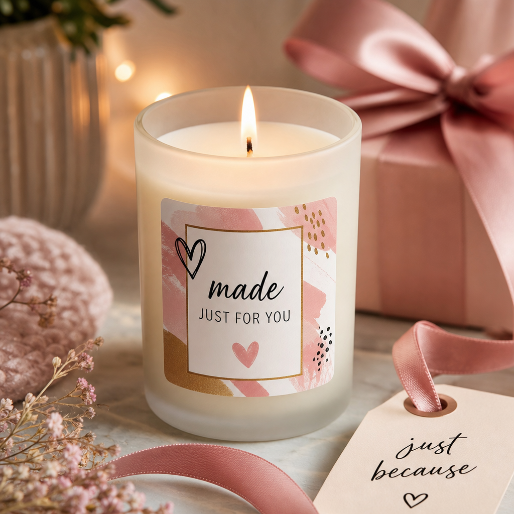 Custom labeled candle beside ribbon and gift wrapping details