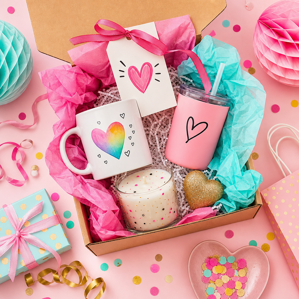 Boutique celebration gift box with personalized tag and confetti elements