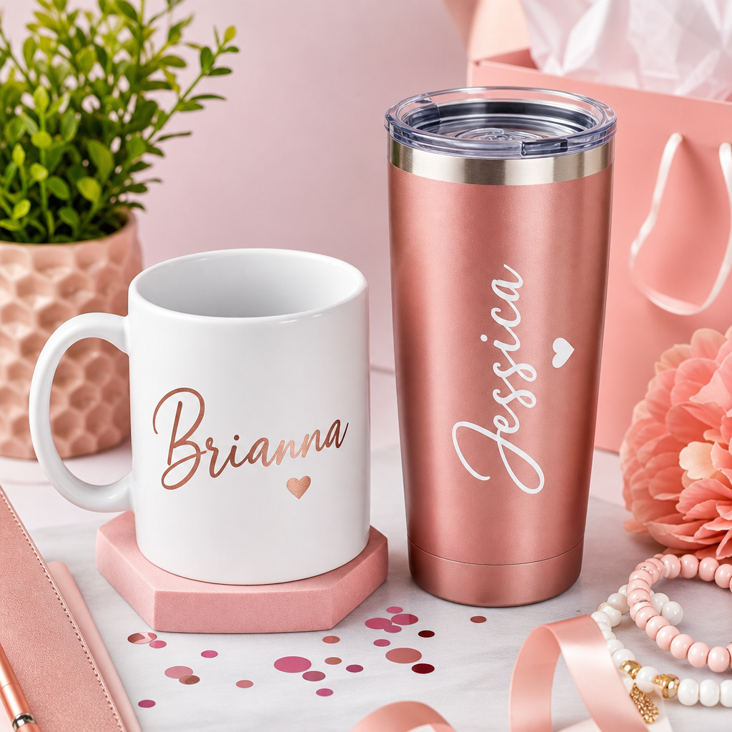 Personalized tumbler and mug set with feminine colorful design accents