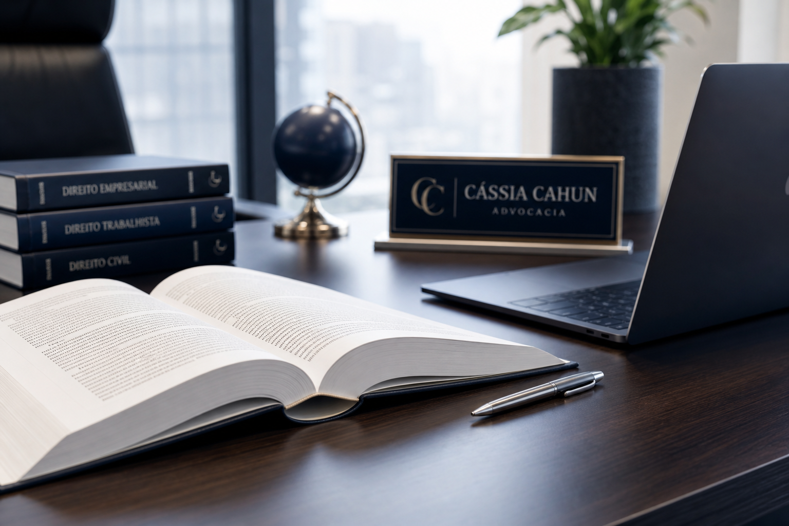 Detalhe refinado de mesa jurídica com livro de direito aberto, caneta metálica e notebook corporativo