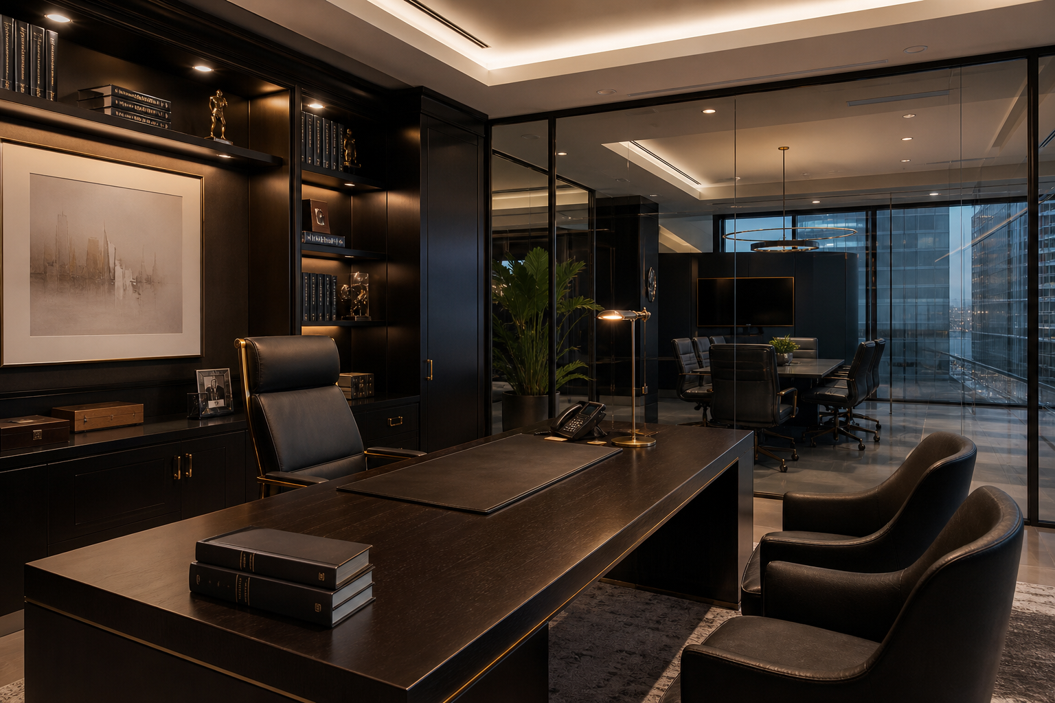 Ambiente corporativo jurídico sofisticado com mobiliário moderno, iluminação suave e atmosfera de escritório premium