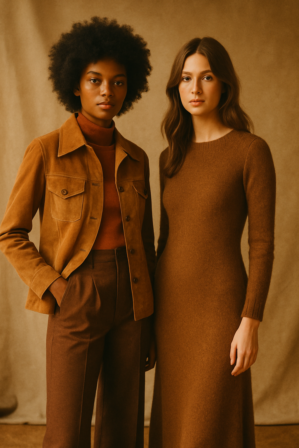 Two models in 1970s-inspired outfits with wide-leg trousers, suede jacket, and a knit dress in warm earthy tones