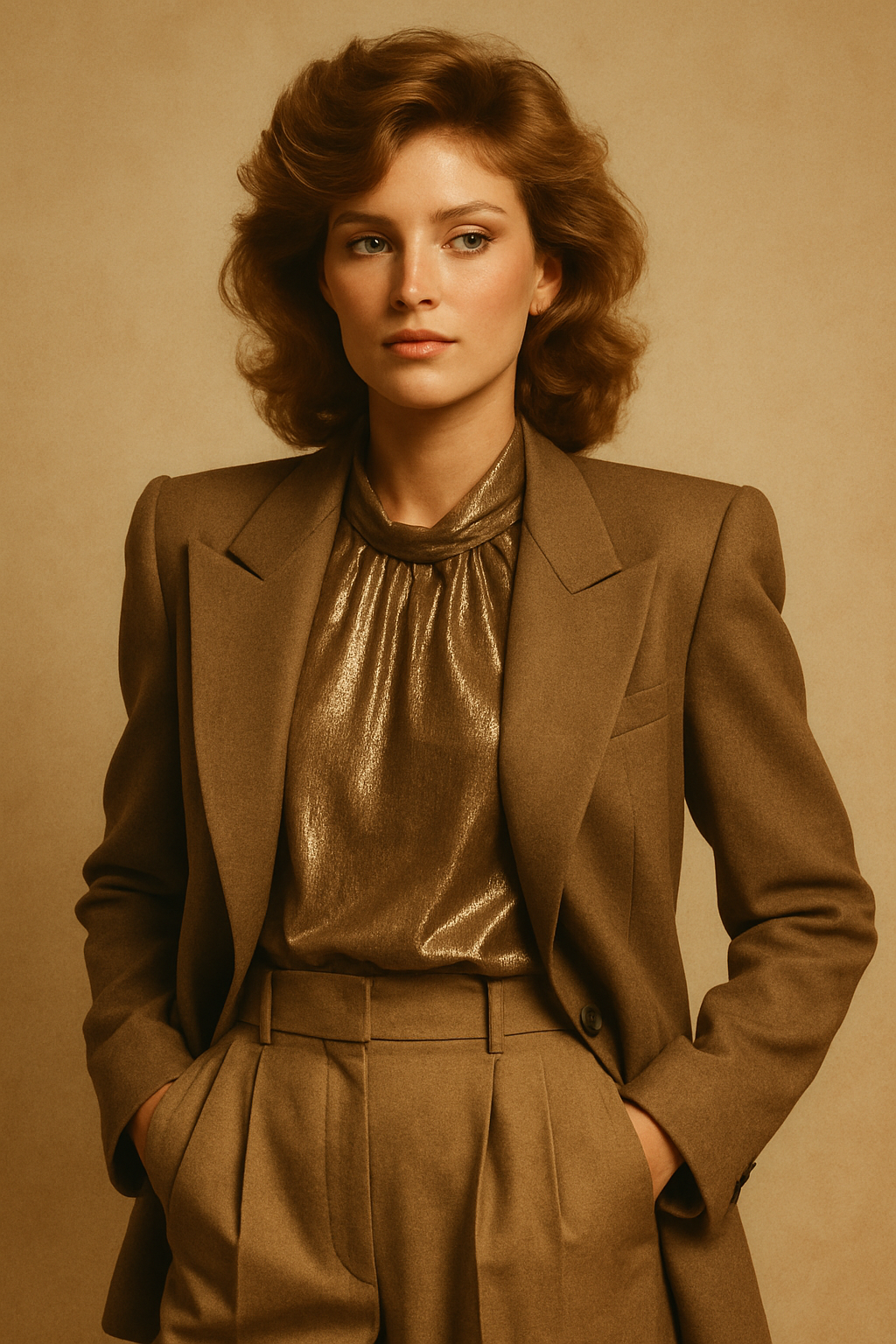 Model in a tailored 1980s blazer with strong shoulders and a metallic blouse in muted sunset tones