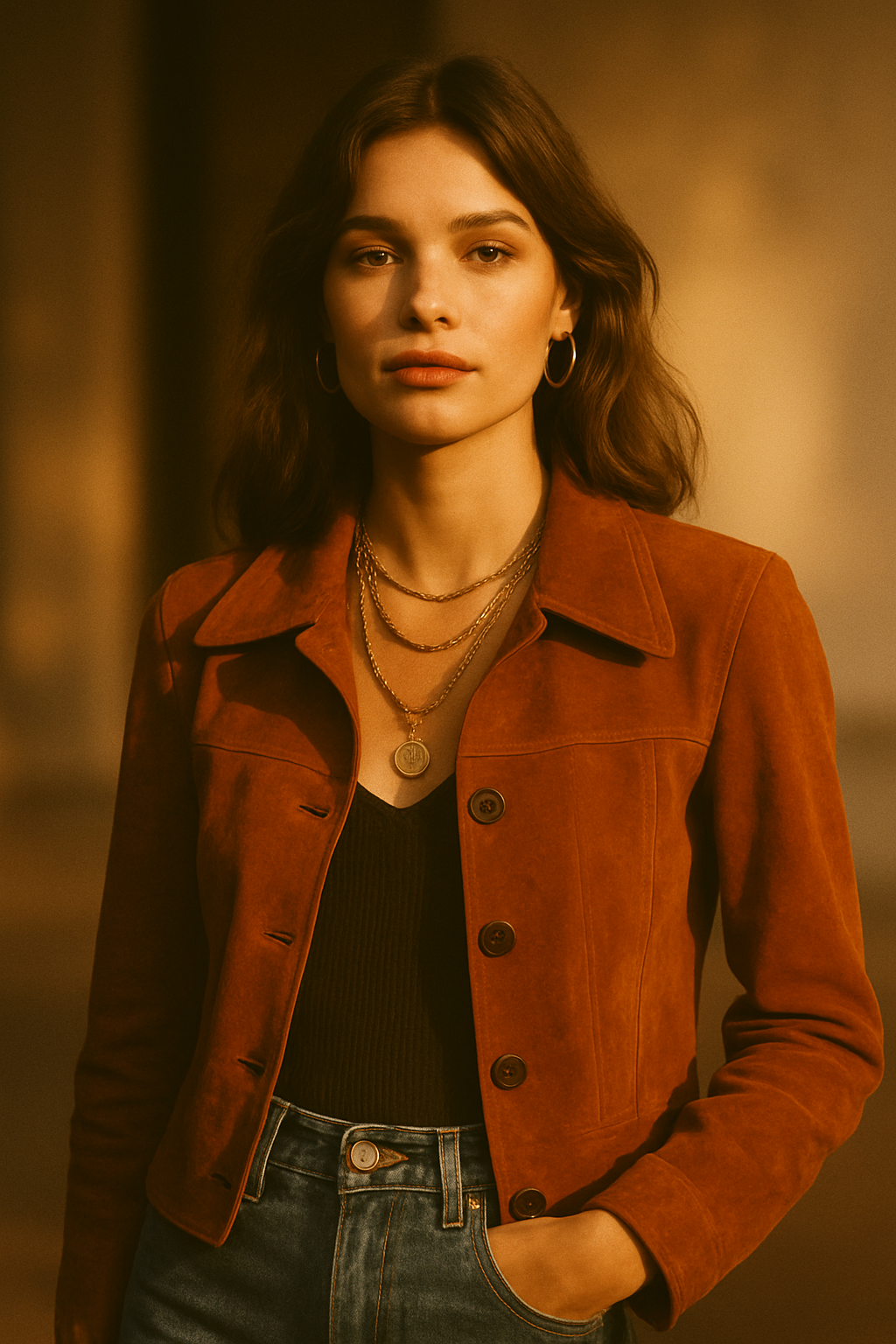 Editorial portrait of a stylish model in a rust suede jacket, high-waisted denim, and gold jewelry, lit with warm sunset tones and subtle film grain.