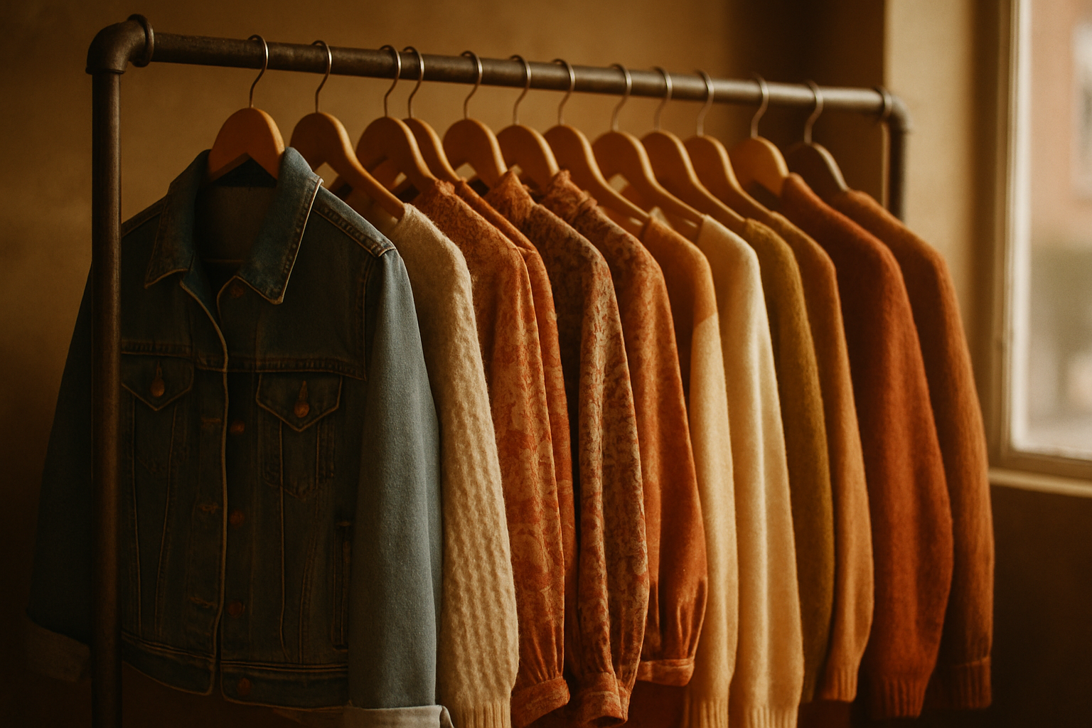 Warmly lit boutique rack of curated 70s and 80s garments in earthy tones