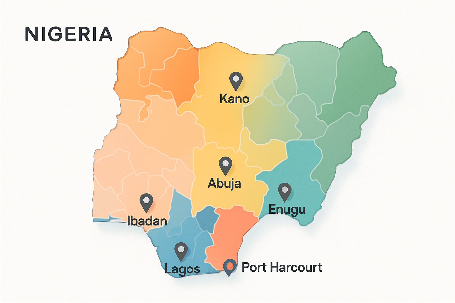 Stylized Nigeria map with highlighted cities and location pins