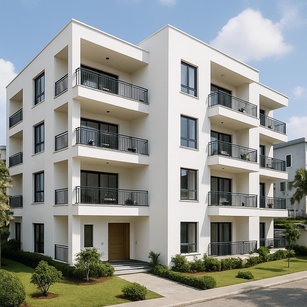 Modern Nigerian apartment exterior in a clean residential neighborhood