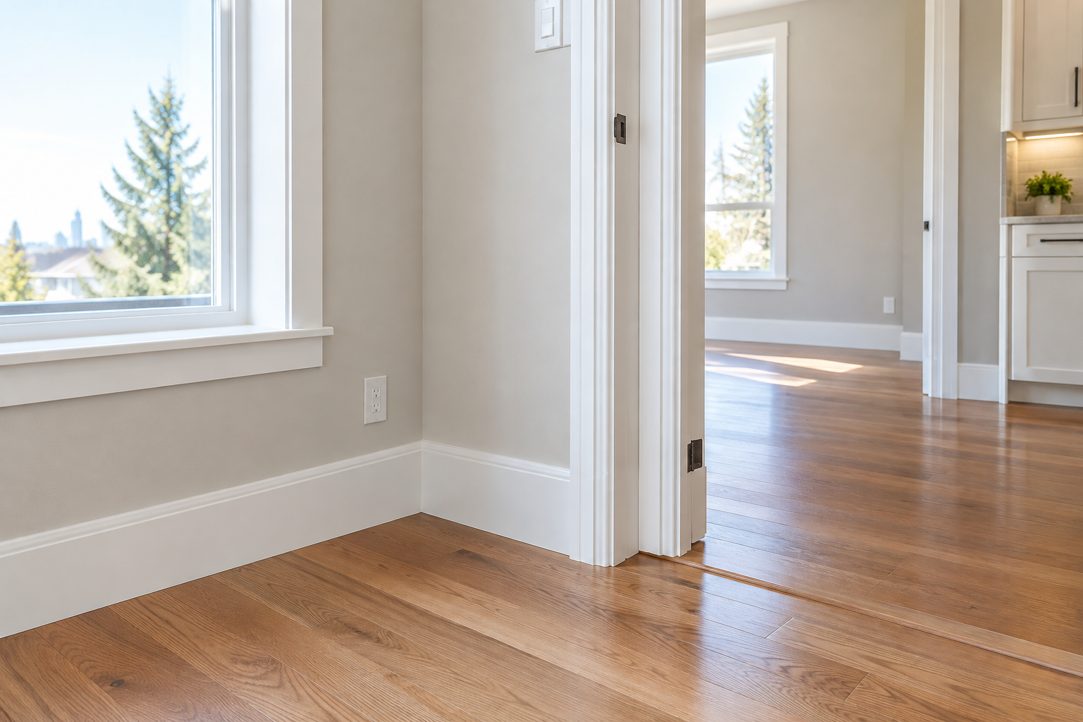 Close-up of a Calgary residential renovation showing precise trim alignment, smooth wall finish, and modern hardwood flooring