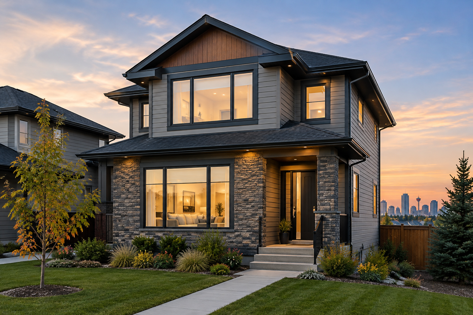 Polished modern detached home in Calgary with renovated facade, clean landscaping, and warm evening lighting