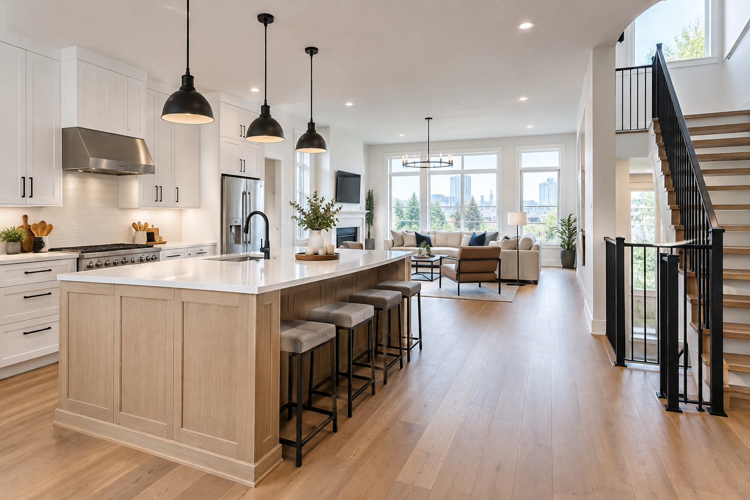 Completed open-concept main floor renovation with custom kitchen, oak stairs, and full-height windows