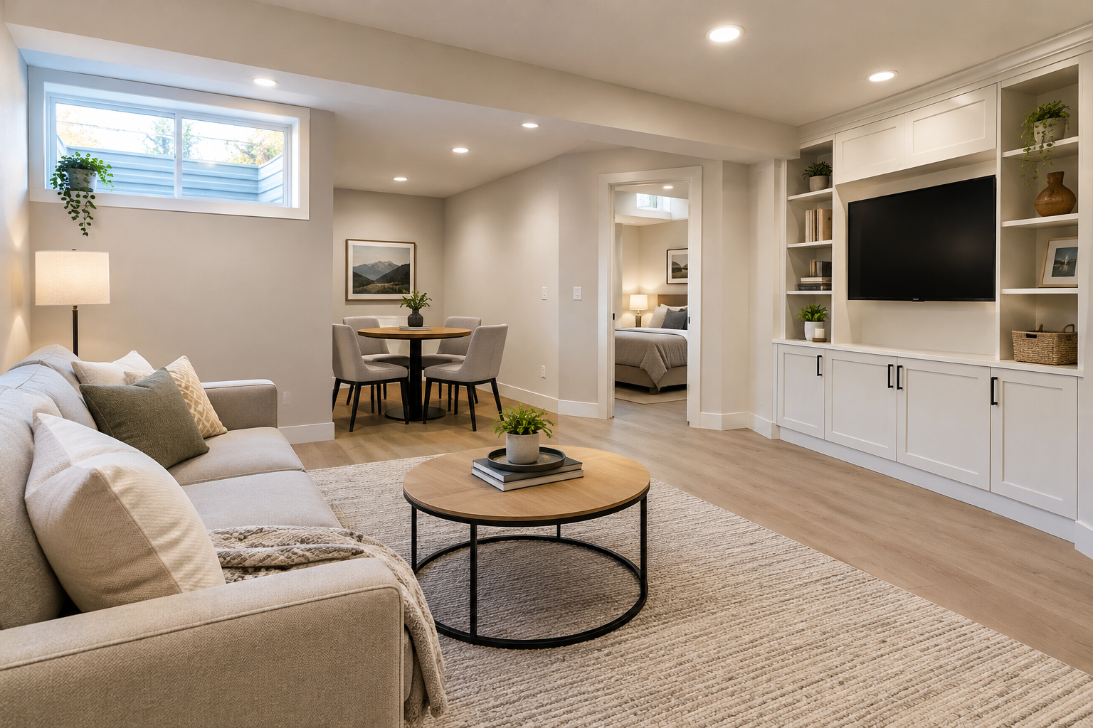 Finished legal basement suite with bright living room, egress window, and integrated storage