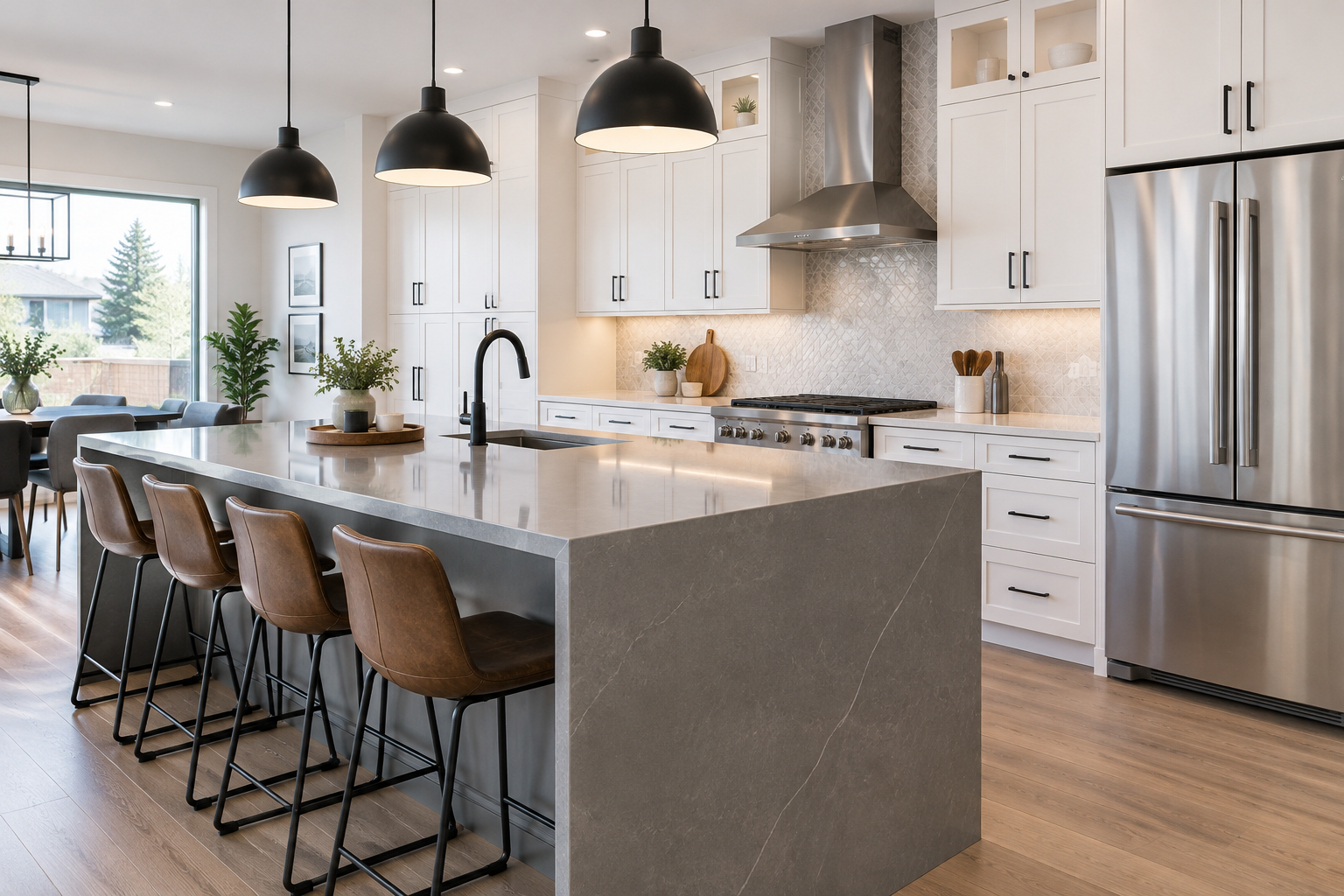 Modern kitchen renovation with white cabinetry, waterfall island, and matte black fixtures