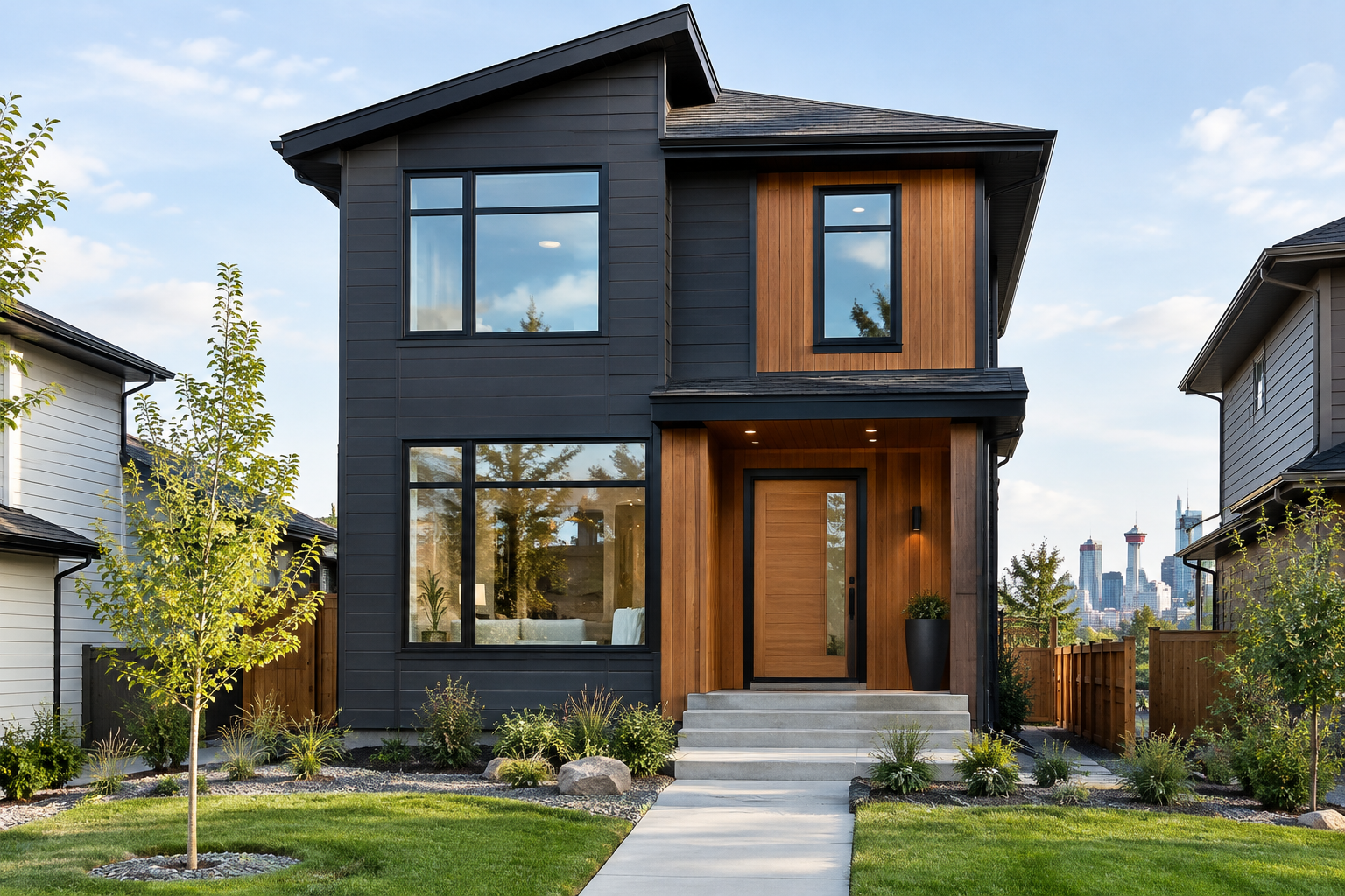 New two-storey infill home exterior with charcoal siding, warm wood accents, and covered entry