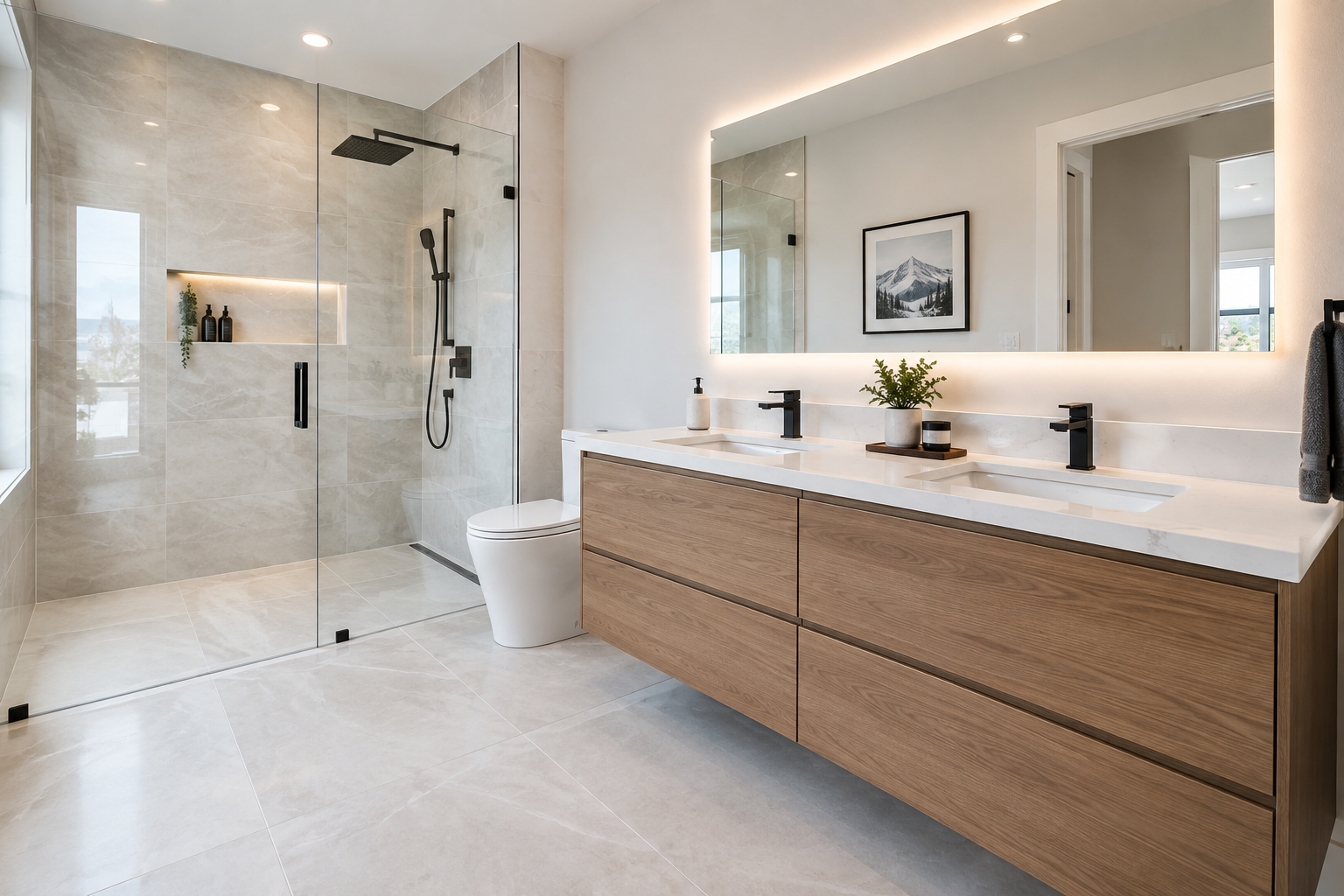 Primary bathroom remodel with frameless glass shower, floating vanity, and porcelain tile