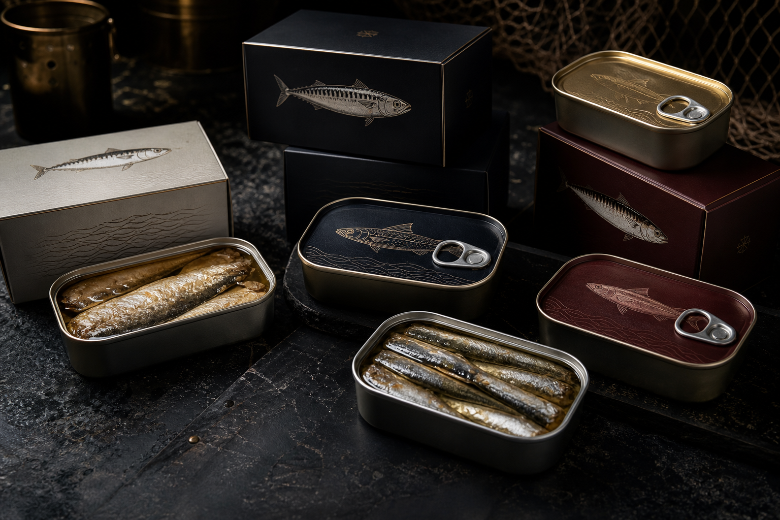 Premium canned fish assortment in matte labeled tins on dark export presentation surface