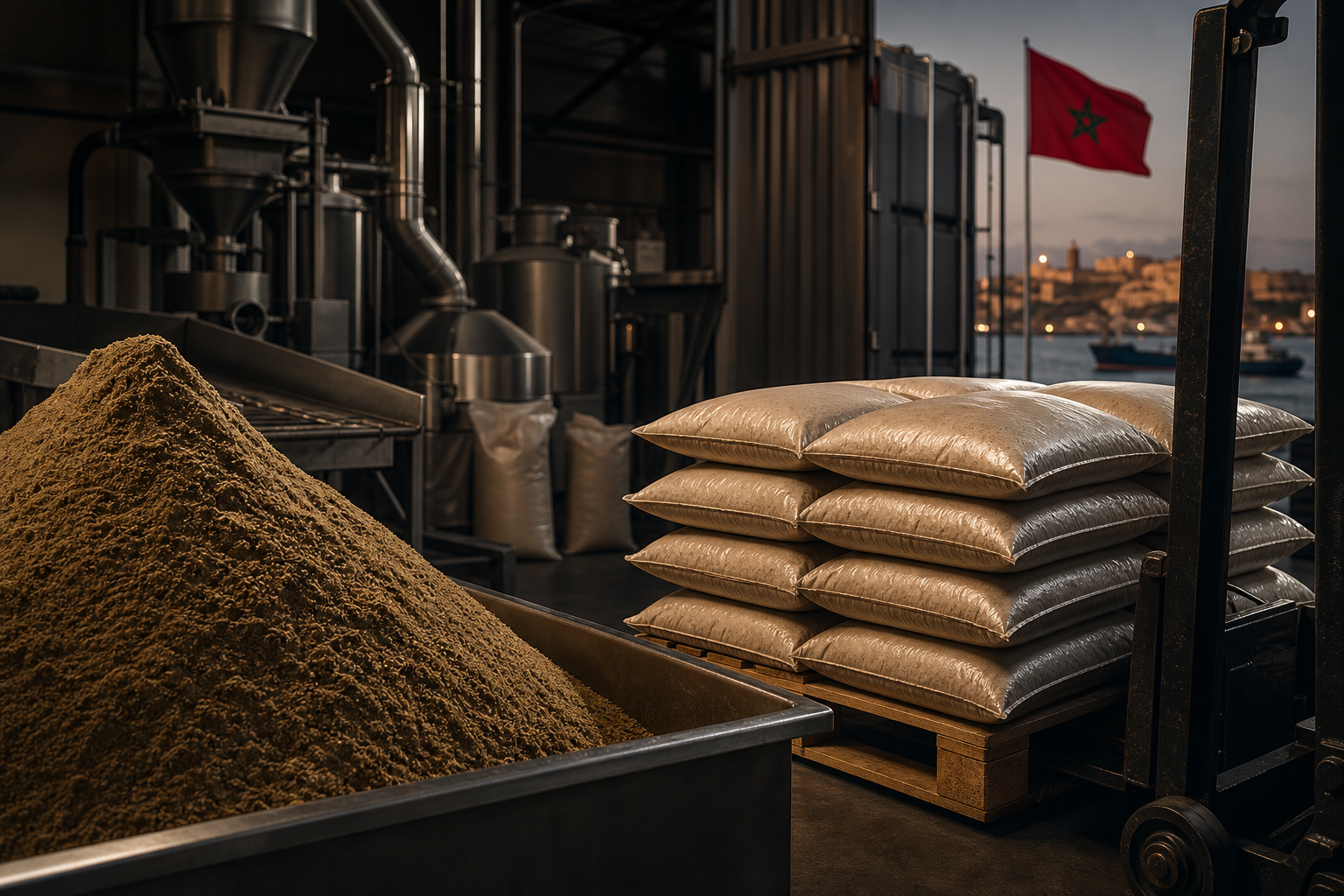 Professional fishmeal processing and packaging environment for industrial export supply