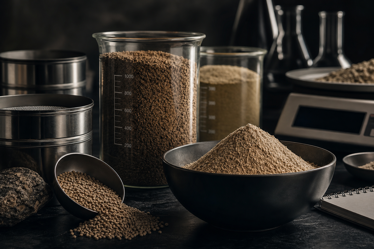 Industrial fishmeal protein granules in quality-control facility with premium low-key cinematic lighting