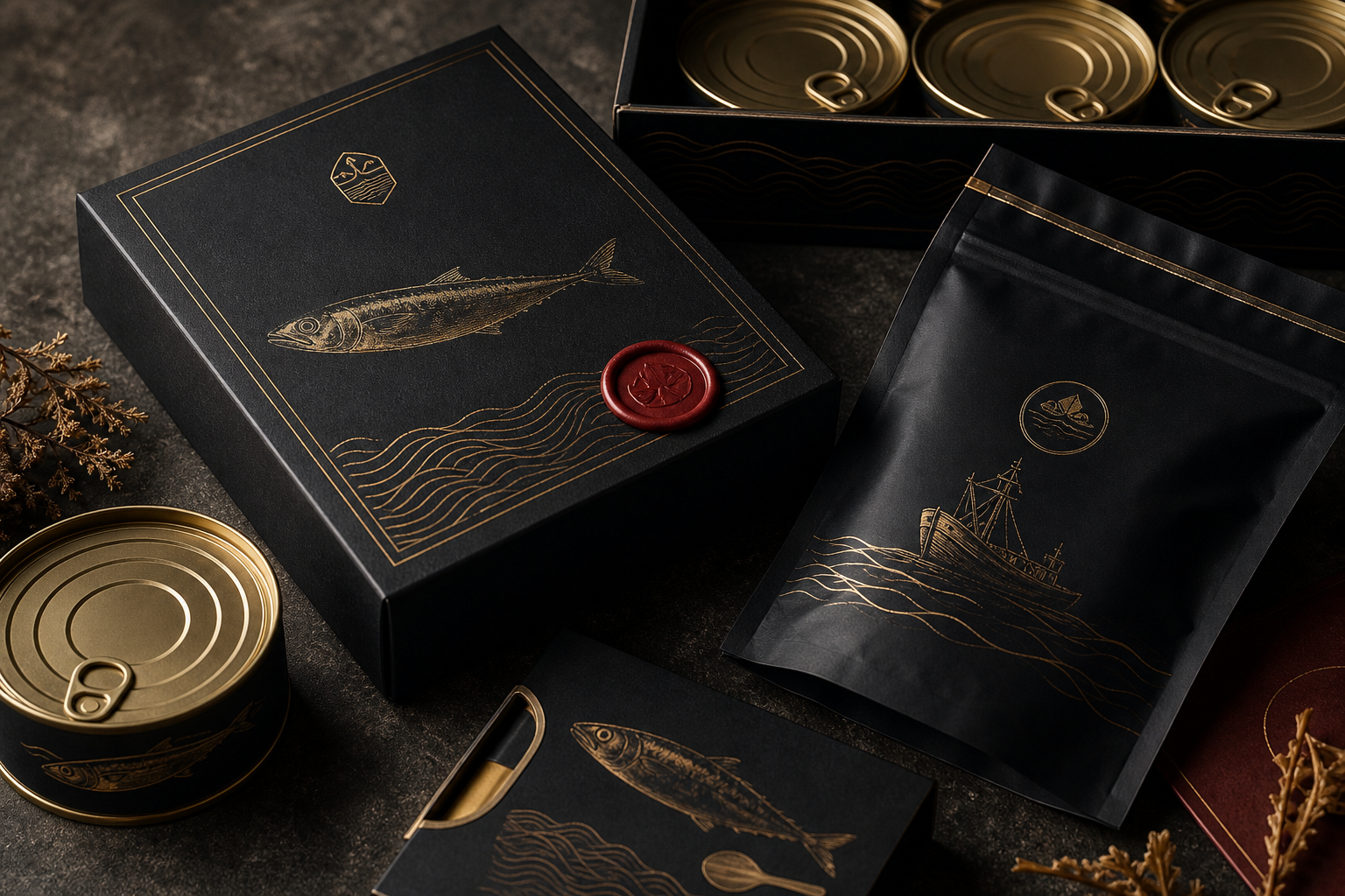 Close-up of premium matte black seafood packaging prototypes with embossed gold foil detailing and a subtle deep red accent seal on a dark studio table