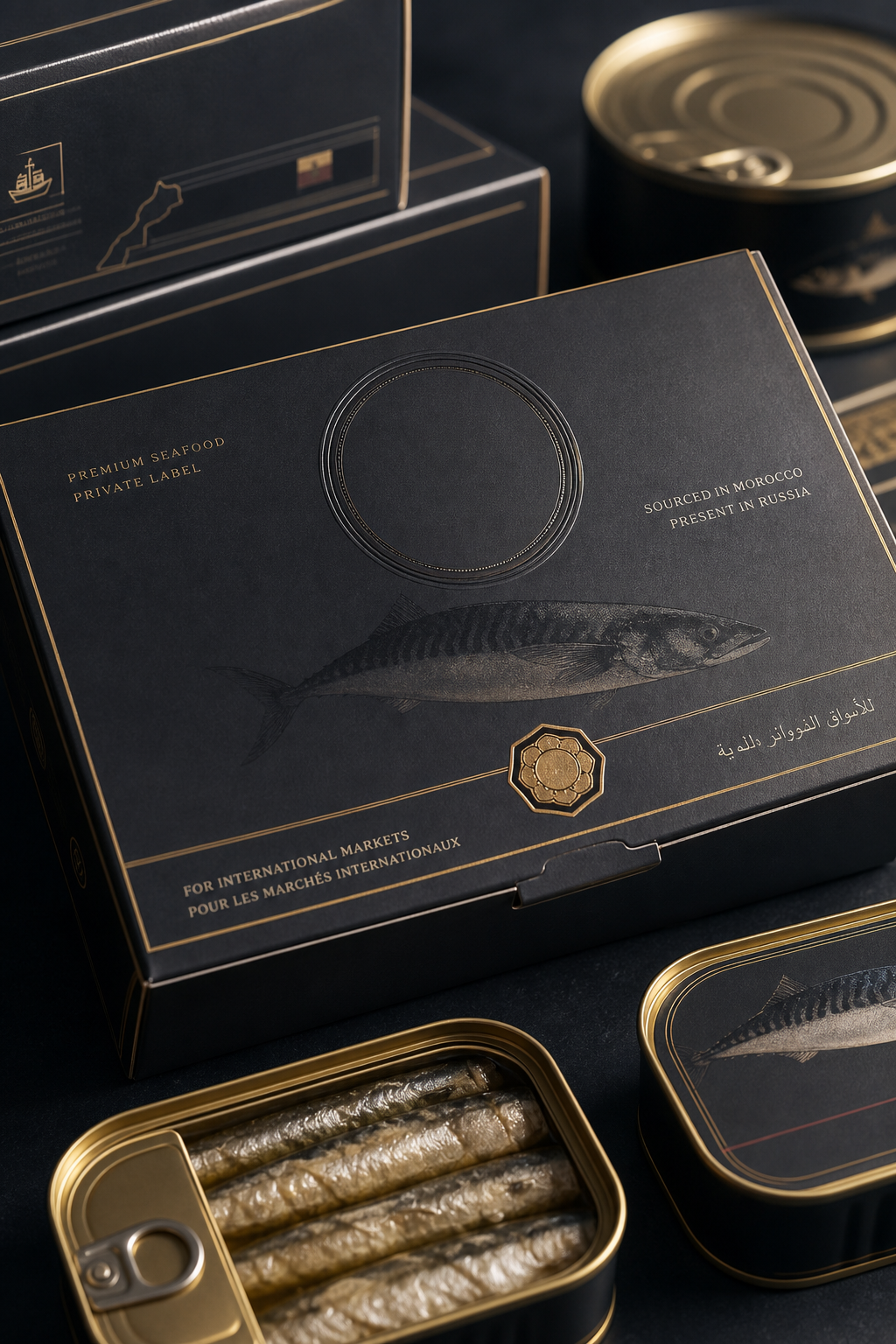Close-up premium seafood private label packaging prototype with embossed branding, metallic accents, and export carton details