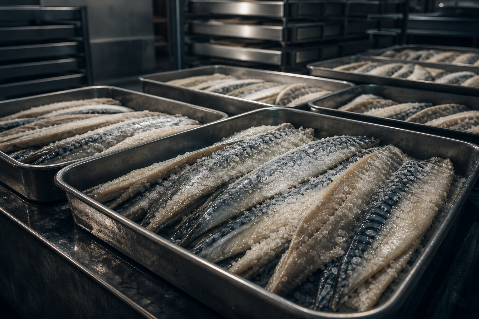 Premium salted mackerel fillets arranged in export-grade trays with dark cinematic seafood processing atmosphere