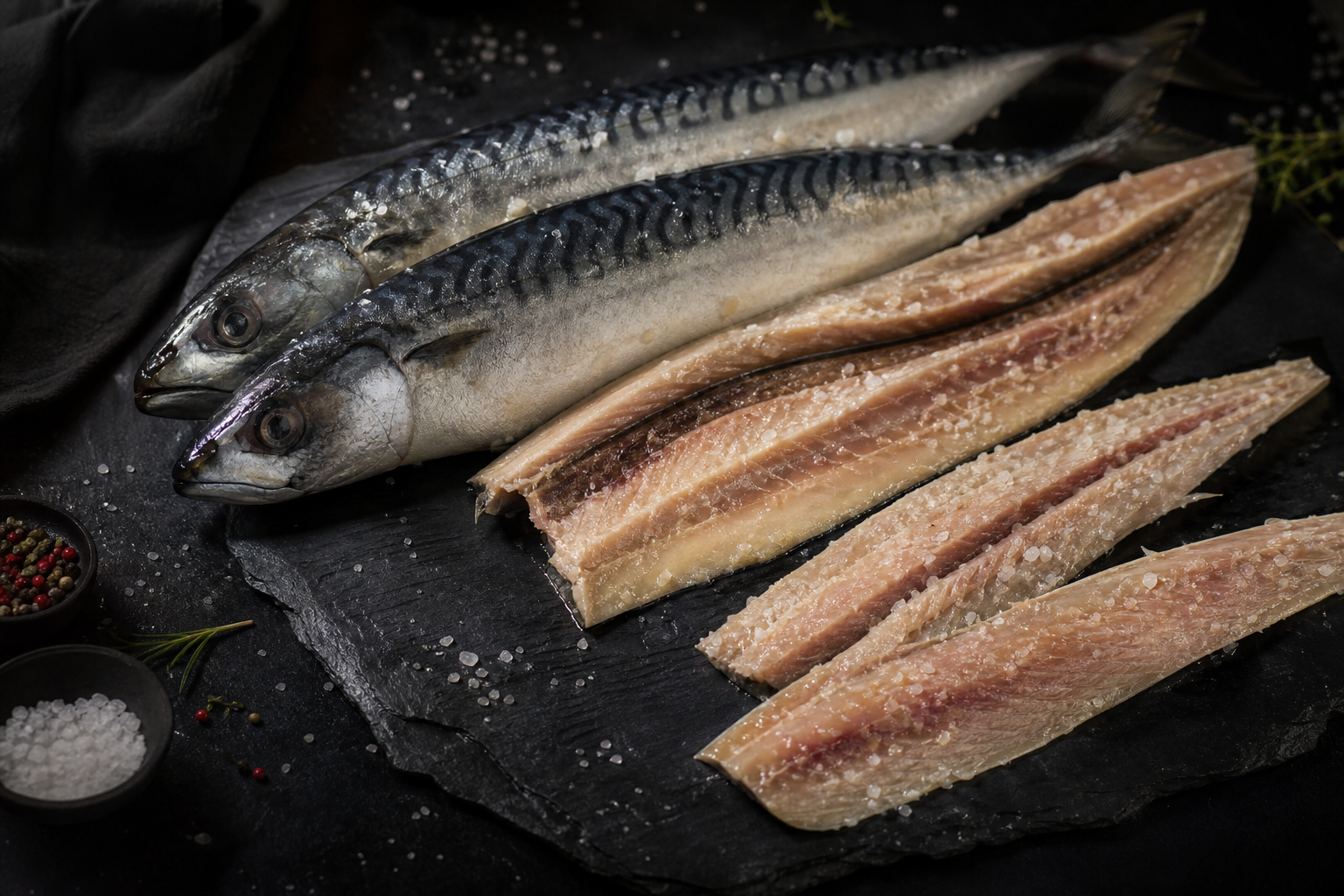 Whole and fillet cuts of premium salted mackerel arranged on dark slate with subtle moisture sheen and artisan curing texture