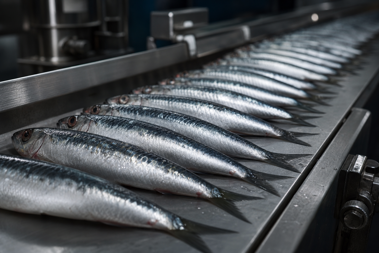 Moroccan sardines prepared for wholesale export in clean stainless processing environment with cinematic dark grading