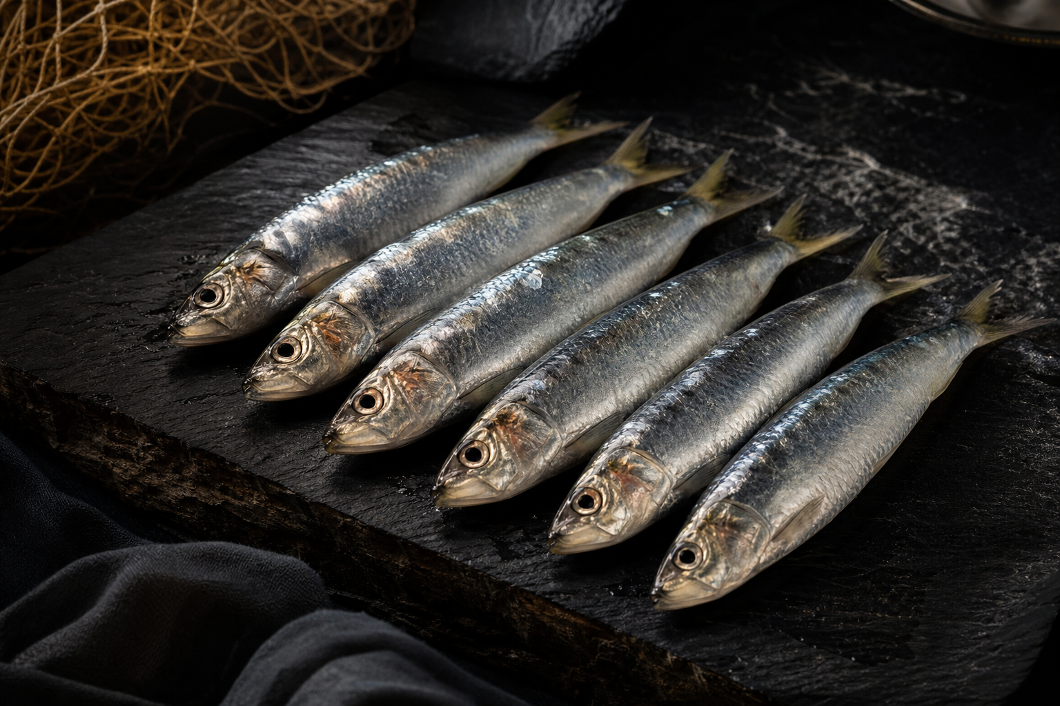 Premium sardines presented in refined composition with silver skin detail and curated seafood styling on a dark textured surface
