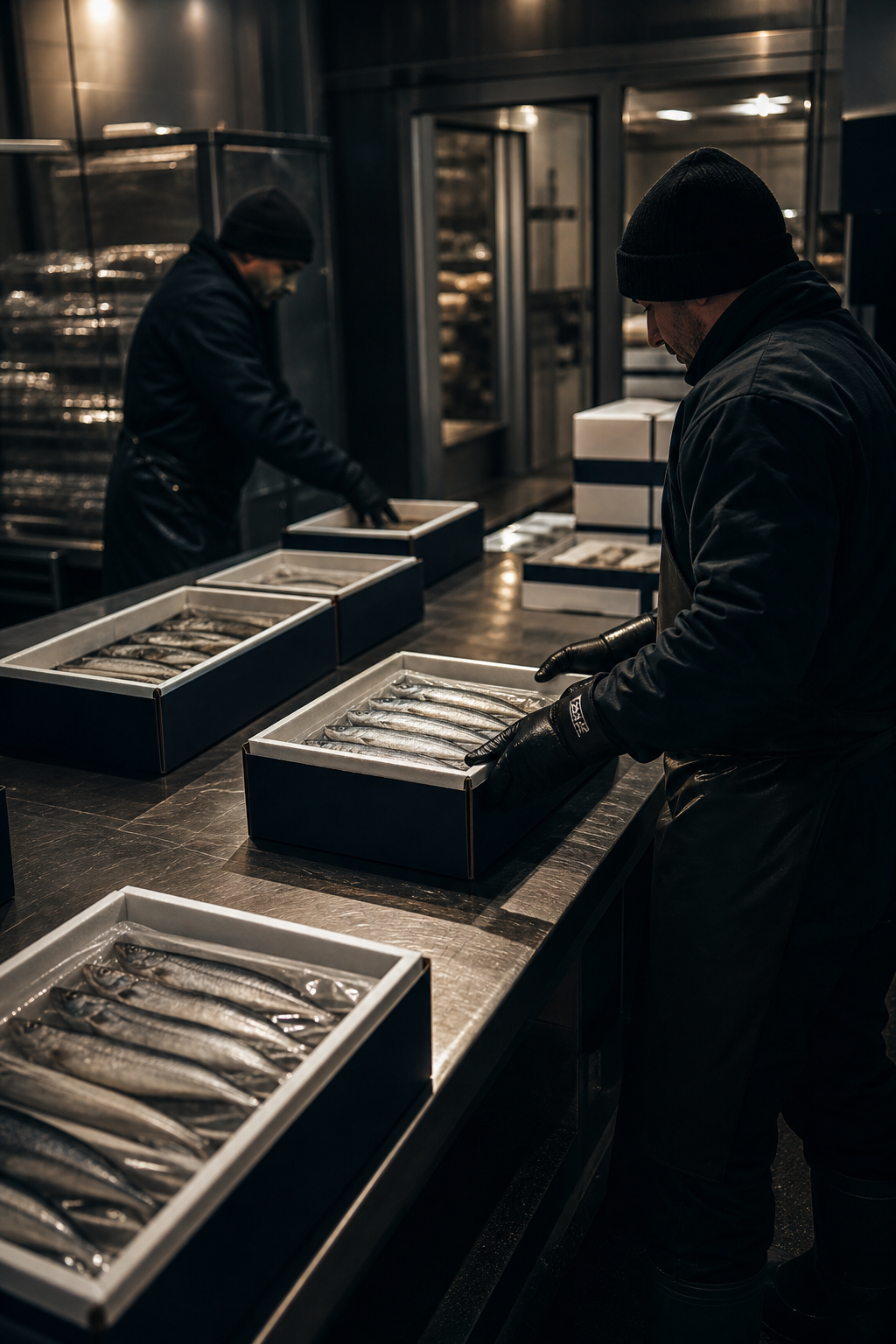 Professional seafood logistics handling with sealed premium fish cartons on stainless preparation tables in a dark export facility