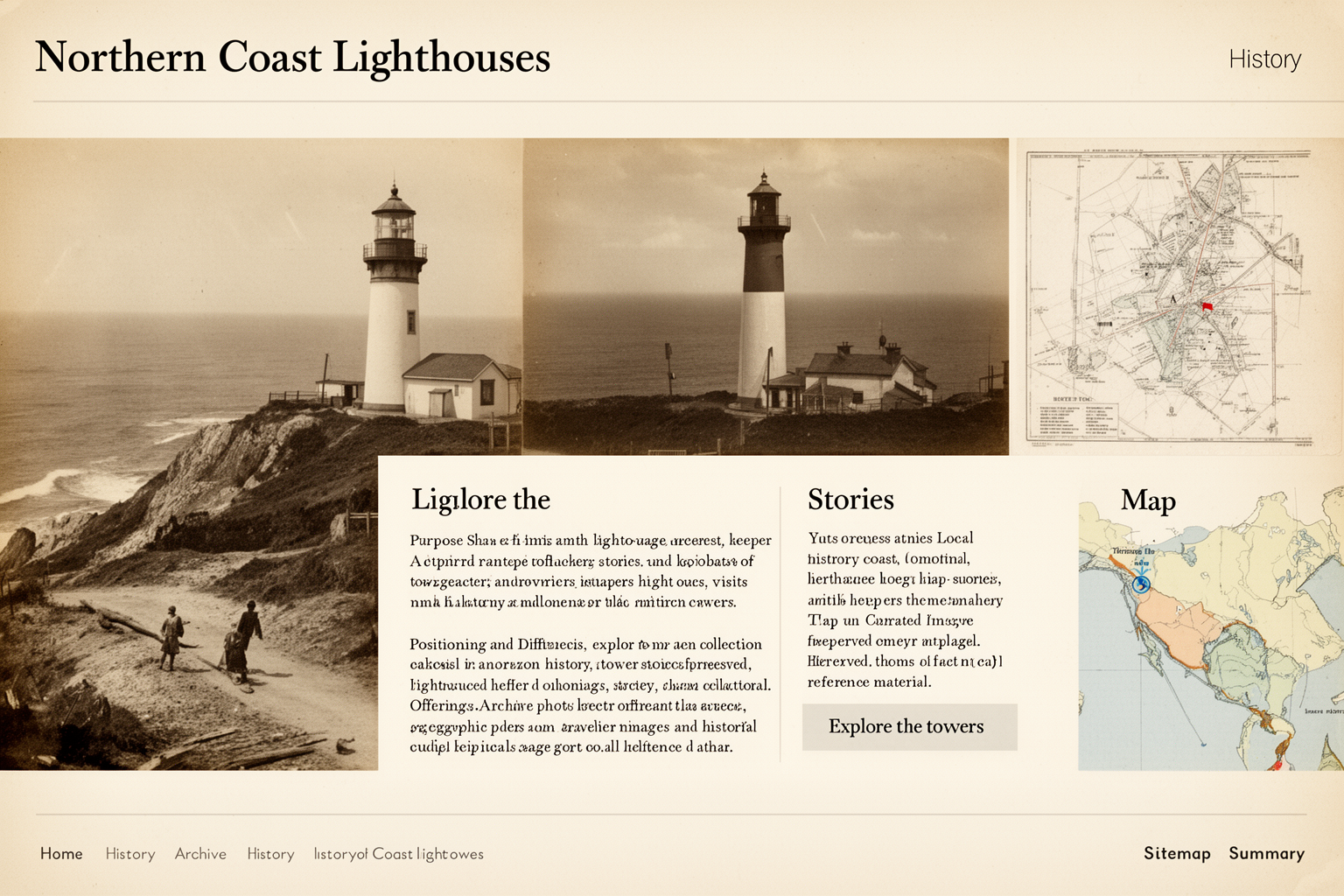 Low fog-signal house beside a lighthouse base with wet stone steps and cloudy horizon
