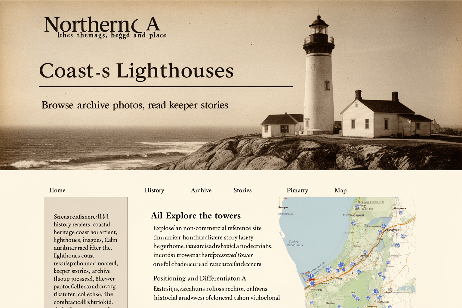Warm film-like coastal lighthouse scene at late afternoon with sea spray, weathered stone shoreline, dramatic clouds, and a distant tower silhouette