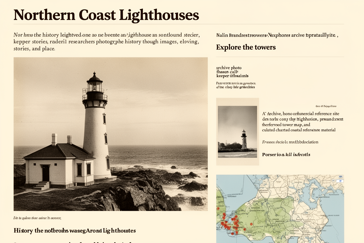 Historic stone lighthouse on a rugged northern coastline in warm archival film tones