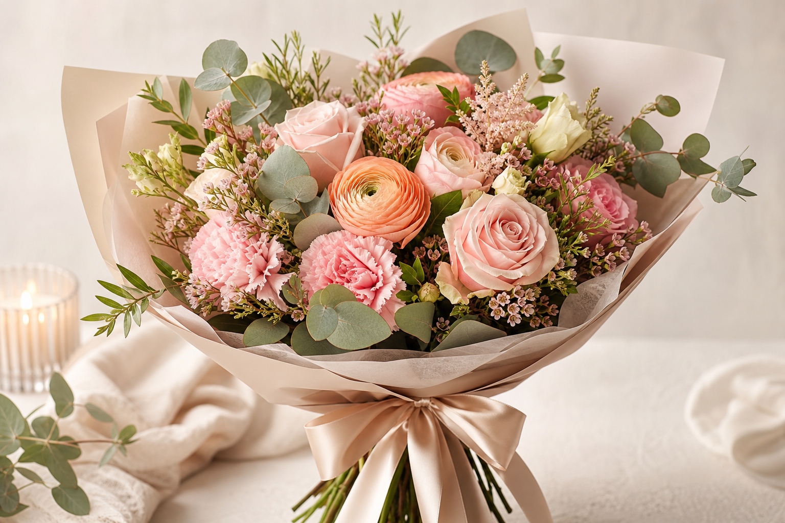 Lush birthday bouquet with blush roses, peach ranunculus, and soft greenery tied with a satin ribbon