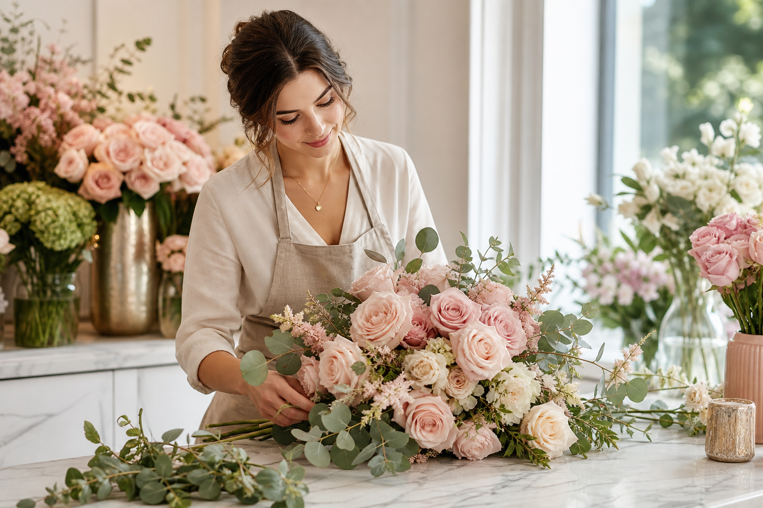 Elegant florist arranging blush and cream roses with soft greenery on a marble counter