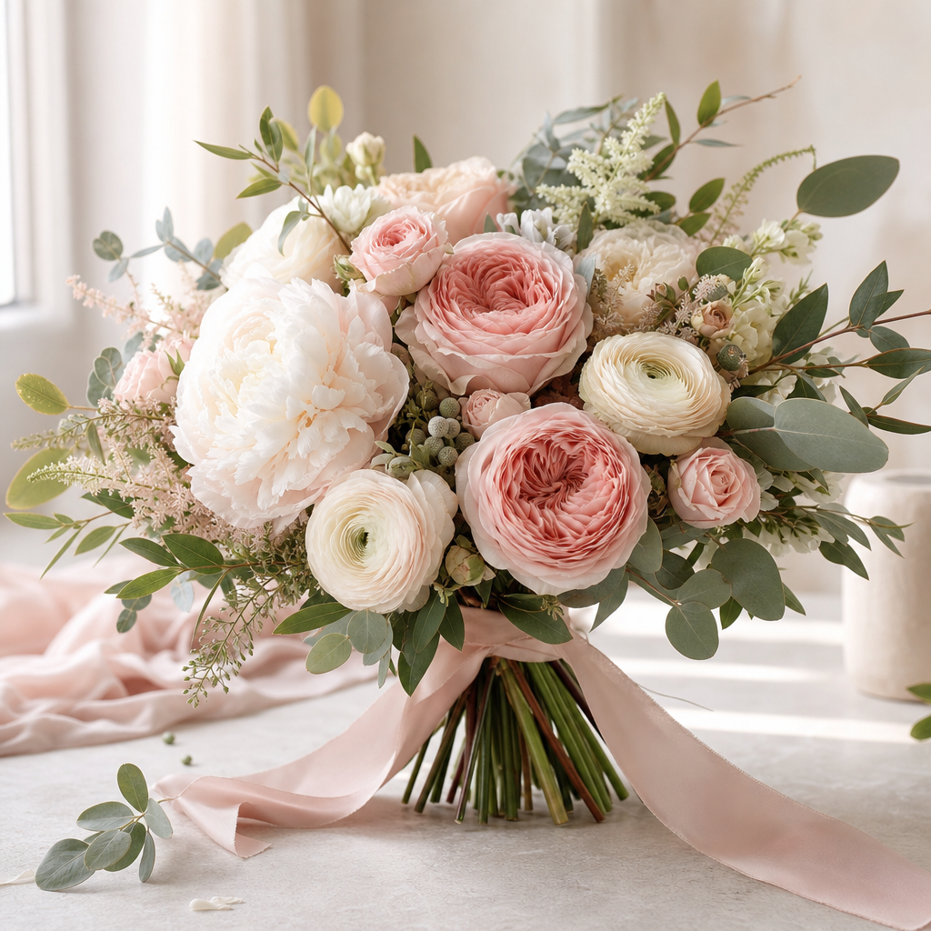 Elegant premium bouquet with blush roses, cream peonies, and muted green foliage in a soft light setting