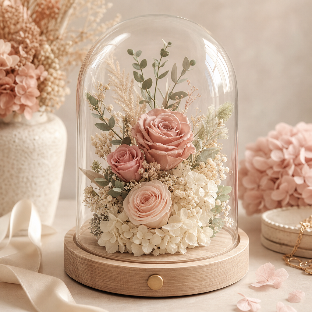 Preserved flower arrangement in a glass dome with dusty pink roses and cream hydrangea