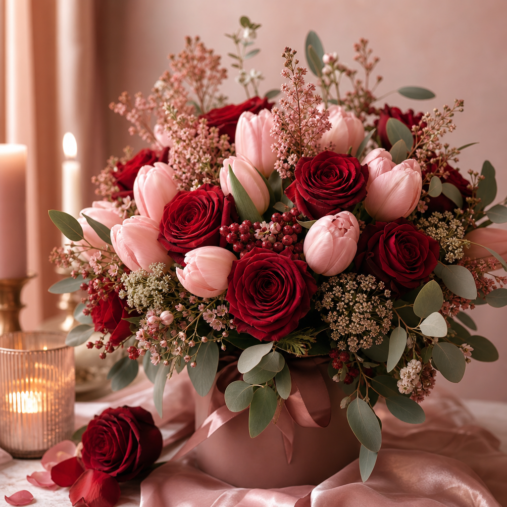 Romantic arrangement with deep red roses, soft pink tulips, and candlelit styling
