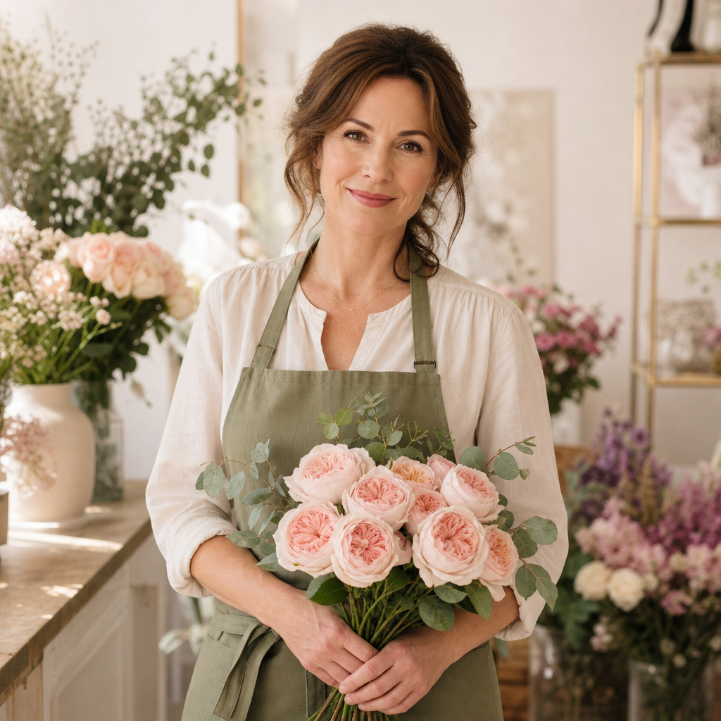 Rose Emerson wearing a cream blouse and muted green apron, holding soft pink garden roses with a warm smile