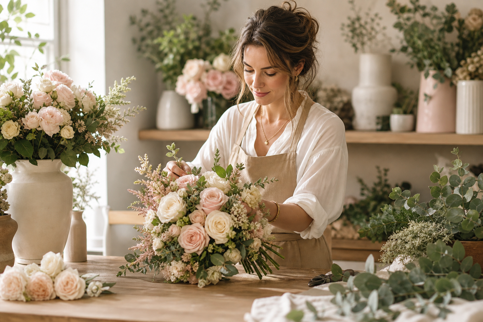Rose Emerson arranging a cream and blush bouquet in a softly lit floral studio