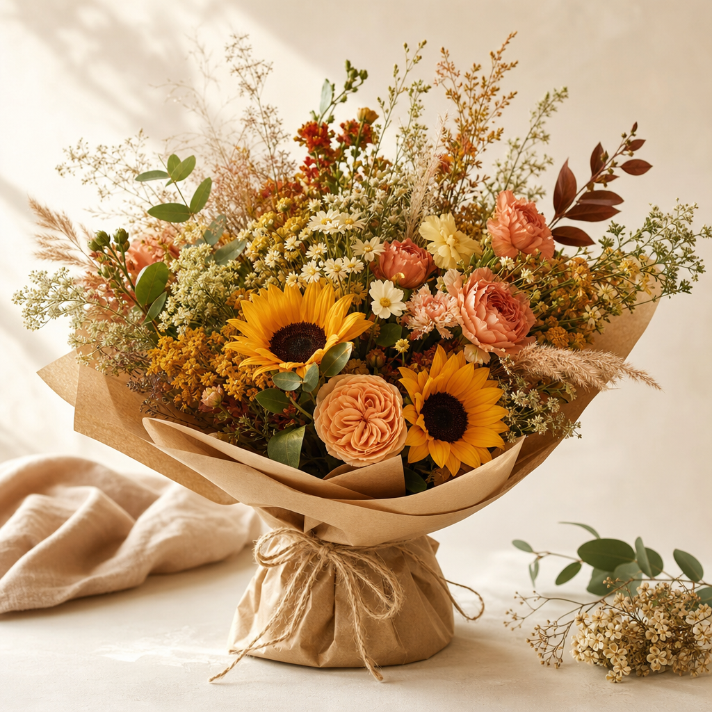 Seasonal gift bouquet with mixed wildflowers, warm amber tones, and textured wrapping
