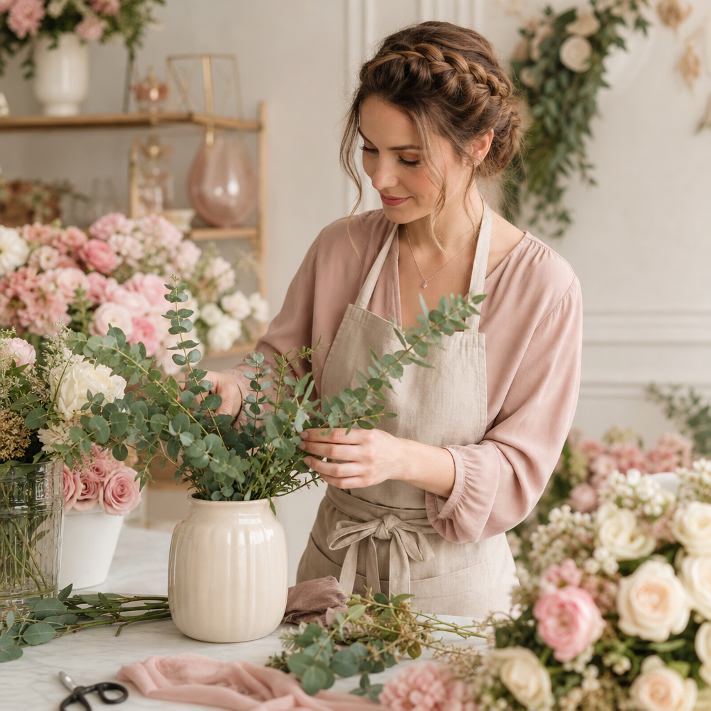 Kiara, a floral designer with a braided updo, placing soft green foliage into a cream ceramic vase