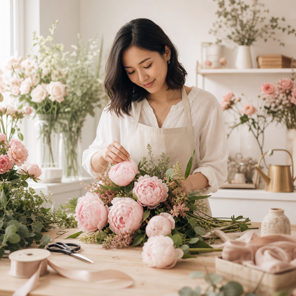 Lena, a floral designer with shoulder-length dark hair, arranging blush peonies on a light wood worktable